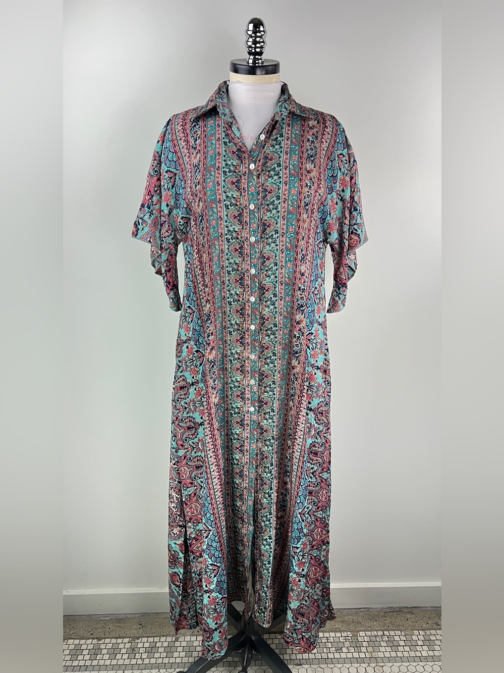 💚 3605. Floral Boho Button-Front Maxi Dress in Teal and Pink